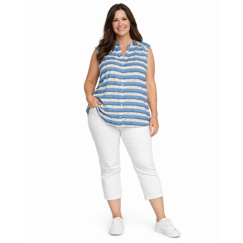 2/$30 Pretty Vacant 4XL Sleeveless Button-Up Shirt Blue Beige Print Cotton Blend